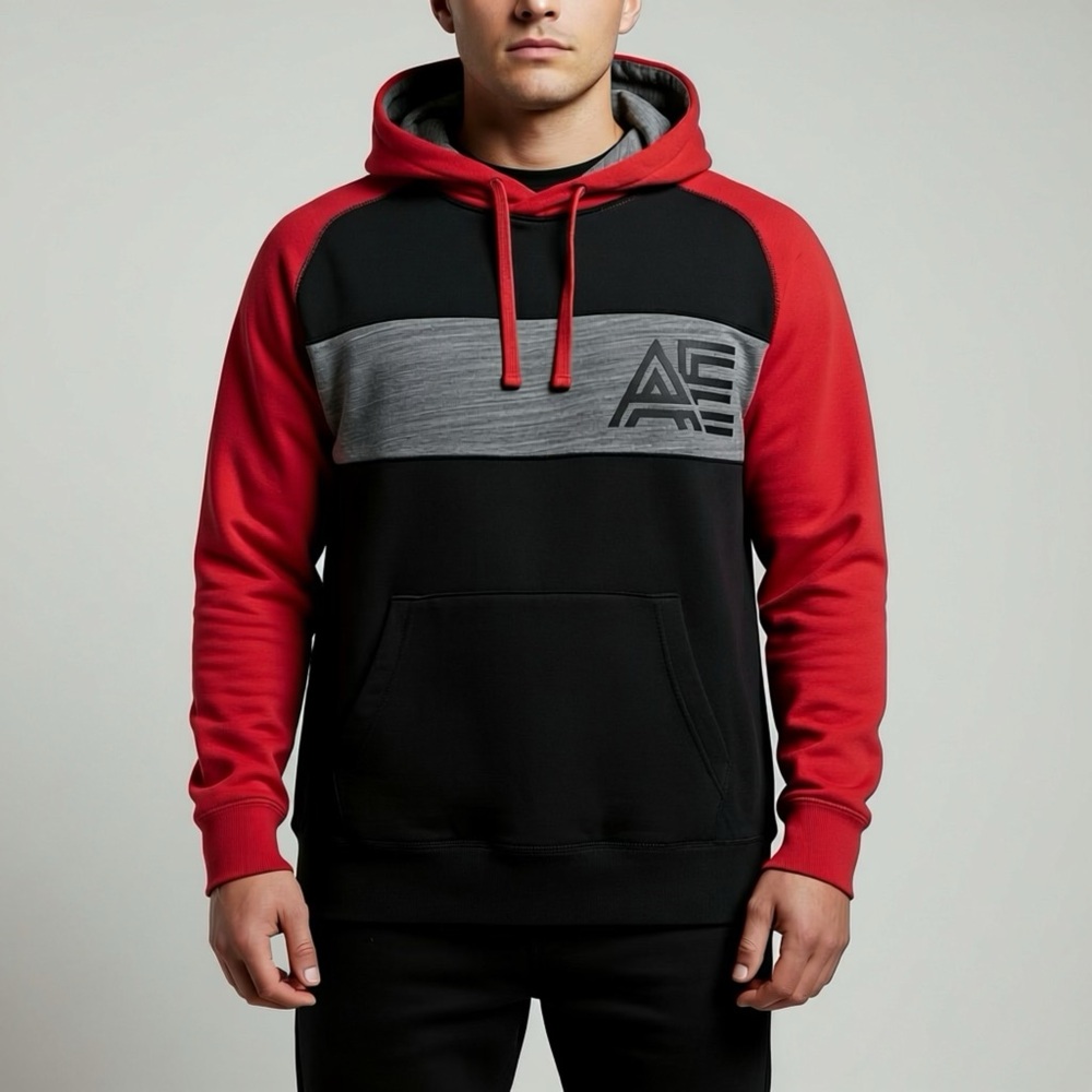 American Eagle Outfitters Colorblock Red & Black Men's Cotton Hoodie Raglan XXL